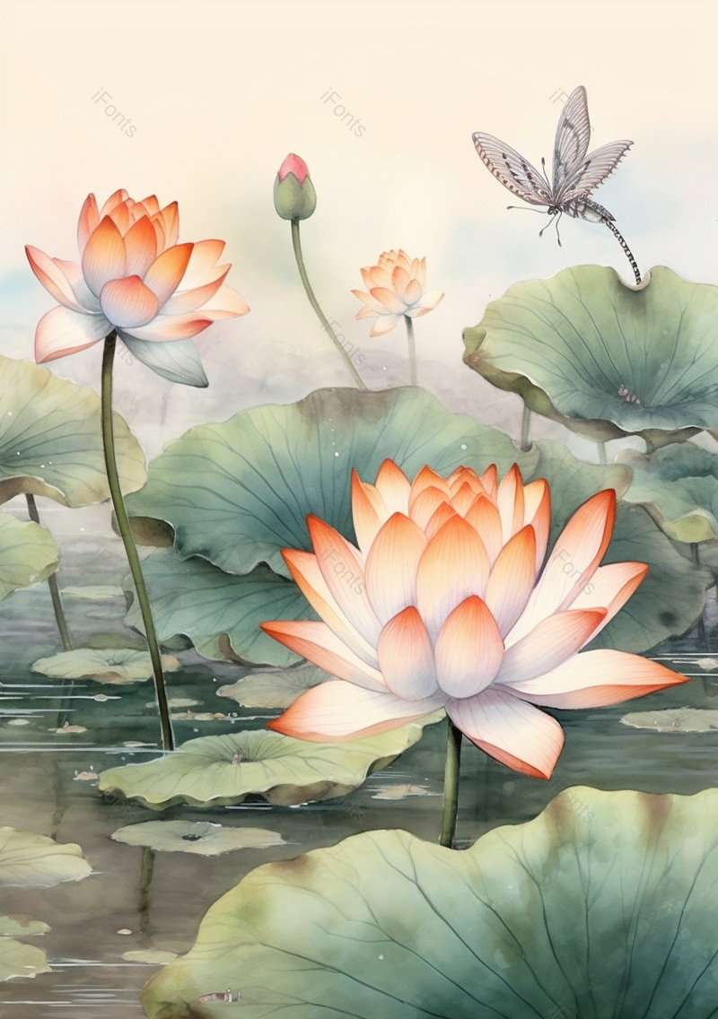 绿色古典池塘荷叶荷花胡蝶插画,插画/手绘图,插画/手绘图库,插画/手绘图下载,插画/手绘